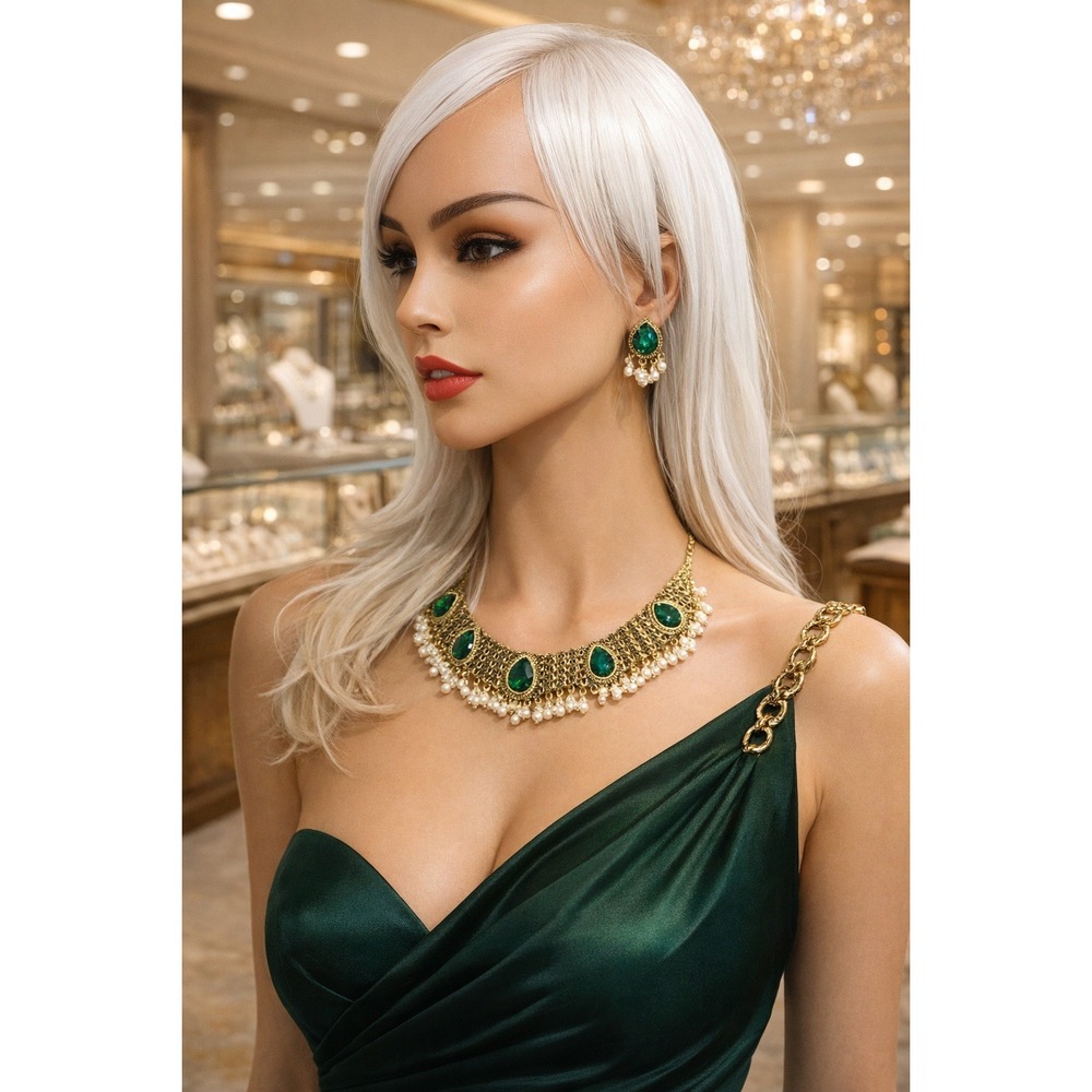Jewelry Set Women Gold-Tone with Green‎ Stones and White Pearls